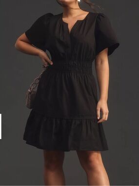 By Anthropologie The Somerset Cotton Smocked Mini Dress Black M like new